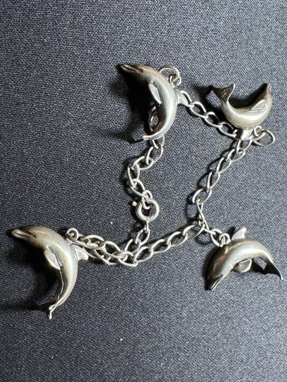 Vintage 925 Sterling 4 Dolphins Charm Bracelet 7in